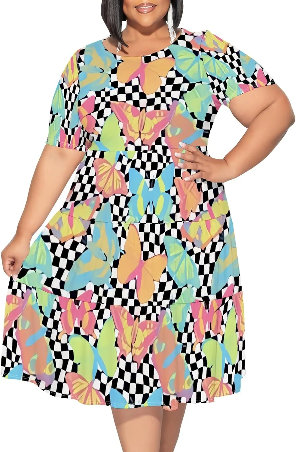 Summer Midi Dresses for Women Plus Size Casual Crewneck Short Sleeve Empire Waist Beach Sundress Travel Vacation Outfits