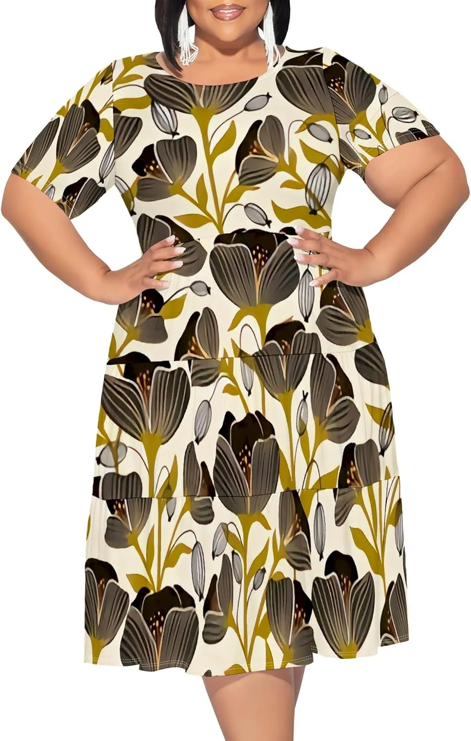 Summer Midi Dresses for Women Plus Size Casual Crewneck Short Sleeve Empire Waist Beach Sundress Travel Vacation Outfits
