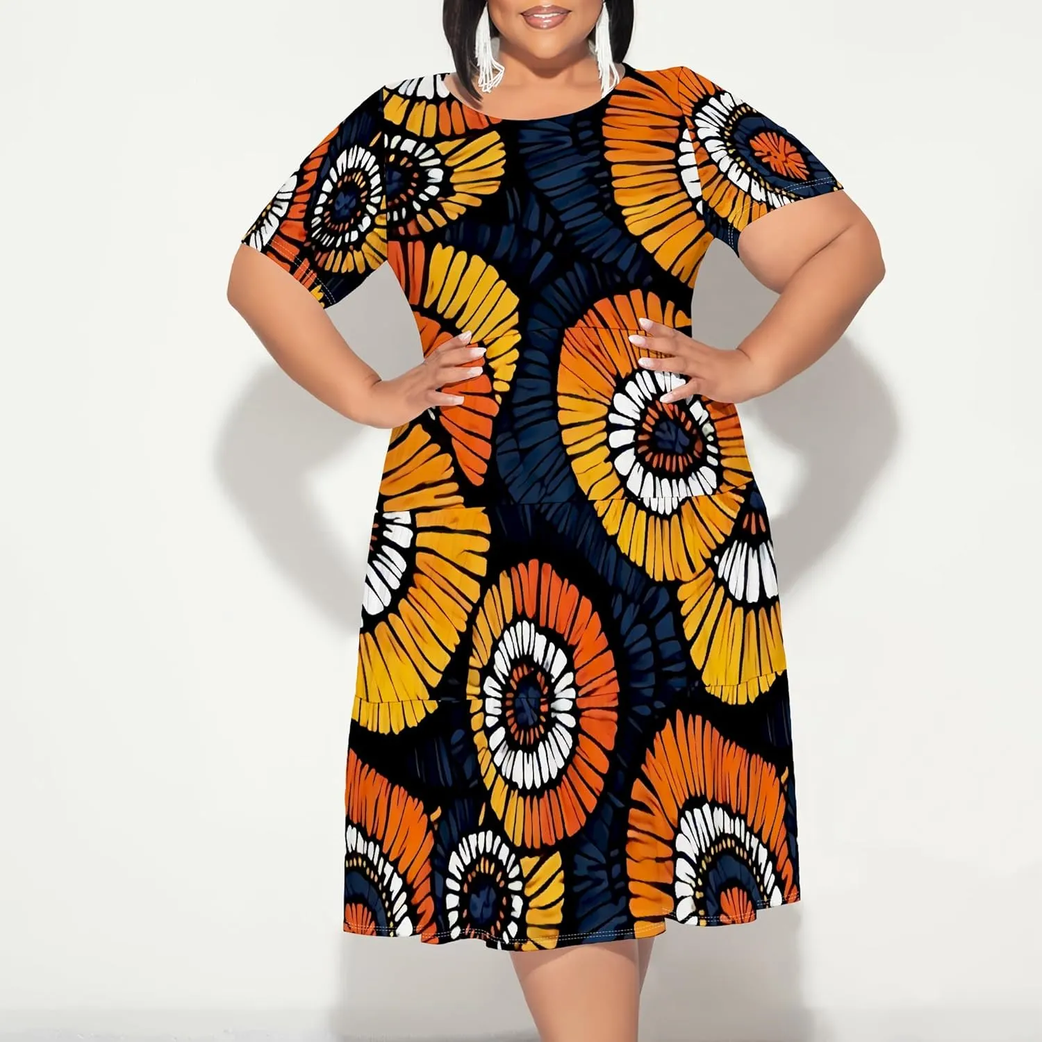 Summer Midi Dresses for Women Plus Size Casual Crewneck Short Sleeve Empire Waist Beach Sundress Travel Vacation Outfits