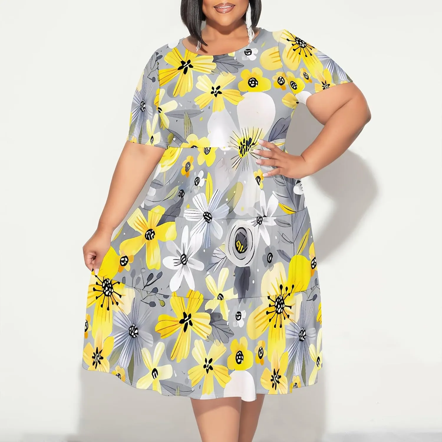 Summer Midi Dresses for Women Plus Size Casual Crewneck Short Sleeve Empire Waist Beach Sundress Travel Vacation Outfits