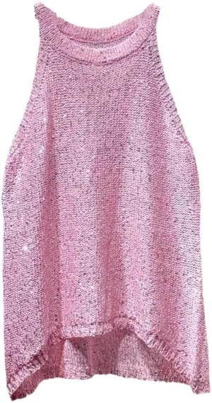 Summer Sleeveless O-Neck Sequin Vest Top for Women Polyester Knit Camisole