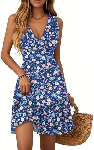 Summer Wrap Dress for Women 2025 Empire Waist Tropical Sexy V Neck Mini Sundress Sleeveless Casual Floral Short Dress