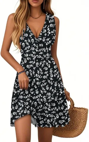 Summer Wrap Dress for Women 2025 Empire Waist Tropical Sexy V Neck Mini Sundress Sleeveless Casual Floral Short Dress