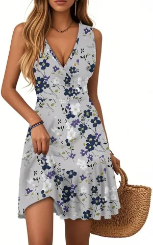 Summer Wrap Dress for Women 2025 Empire Waist Tropical Sexy V Neck Mini Sundress Sleeveless Casual Floral Short Dress