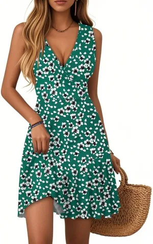 Summer Wrap Dress for Women 2025 Empire Waist Tropical Sexy V Neck Mini Sundress Sleeveless Casual Floral Short Dress