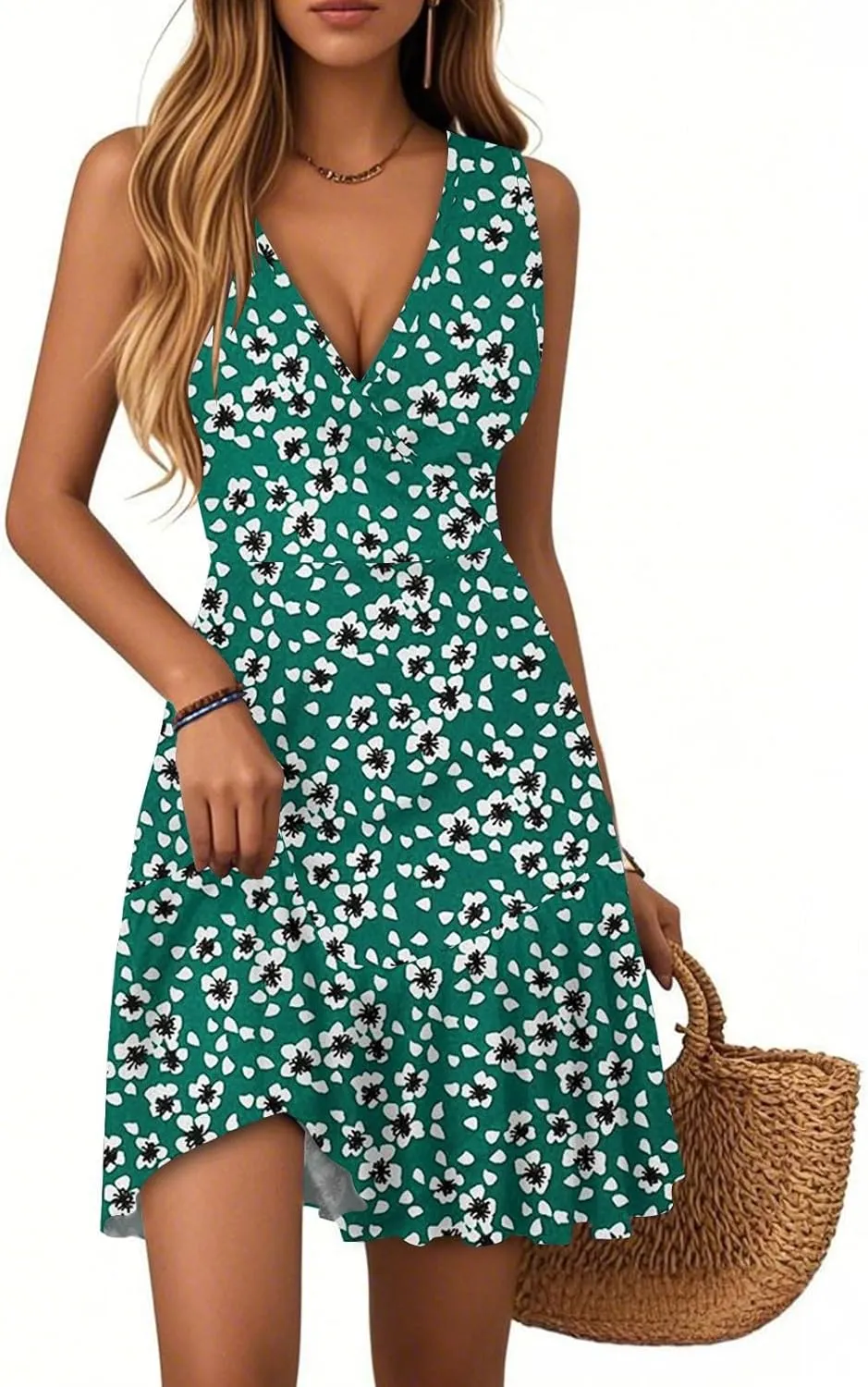 Summer Wrap Dress for Women 2025 Empire Waist Tropical Sexy V Neck Mini Sundress Sleeveless Casual Floral Short Dress
