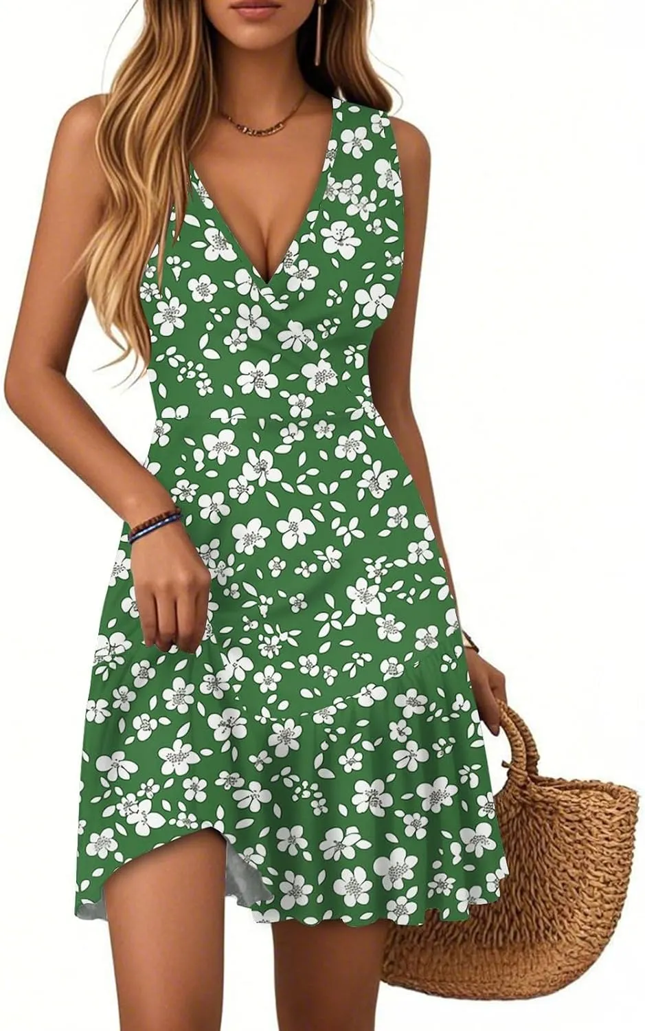 Summer Wrap Dress for Women 2025 Empire Waist Tropical Sexy V Neck Mini Sundress Sleeveless Casual Floral Short Dress