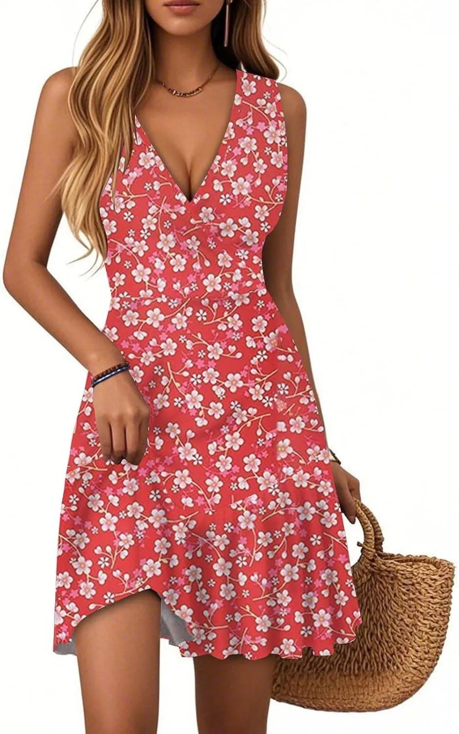 Summer Wrap Dress for Women V Neck Boho Tropical Vacation Dresses Beach Empire Waist Sexy Sleeveless Floral Sundress