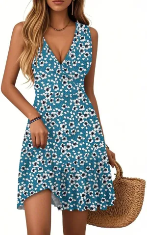Summer Wrap Dress for Women V Neck Boho Tropical Vacation Dresses Beach Empire Waist Sexy Sleeveless Floral Sundress