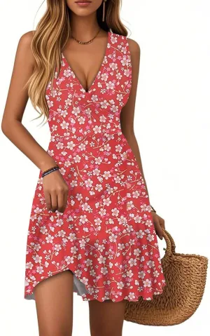 Summer Wrap Dress for Women V Neck Boho Tropical Vacation Dresses Beach Empire Waist Sexy Sleeveless Floral Sundress