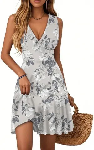 Summer Wrap Dress for Women V Neck Boho Tropical Vacation Dresses Beach Empire Waist Sexy Sleeveless Floral Sundress