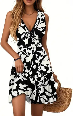 Summer Wrap Dress for Women V Neck Boho Tropical Vacation Dresses Beach Empire Waist Sexy Sleeveless Floral Sundress