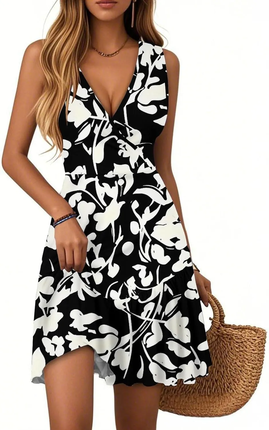 Summer Wrap Dress for Women V Neck Boho Tropical Vacation Dresses Beach Empire Waist Sexy Sleeveless Floral Sundress