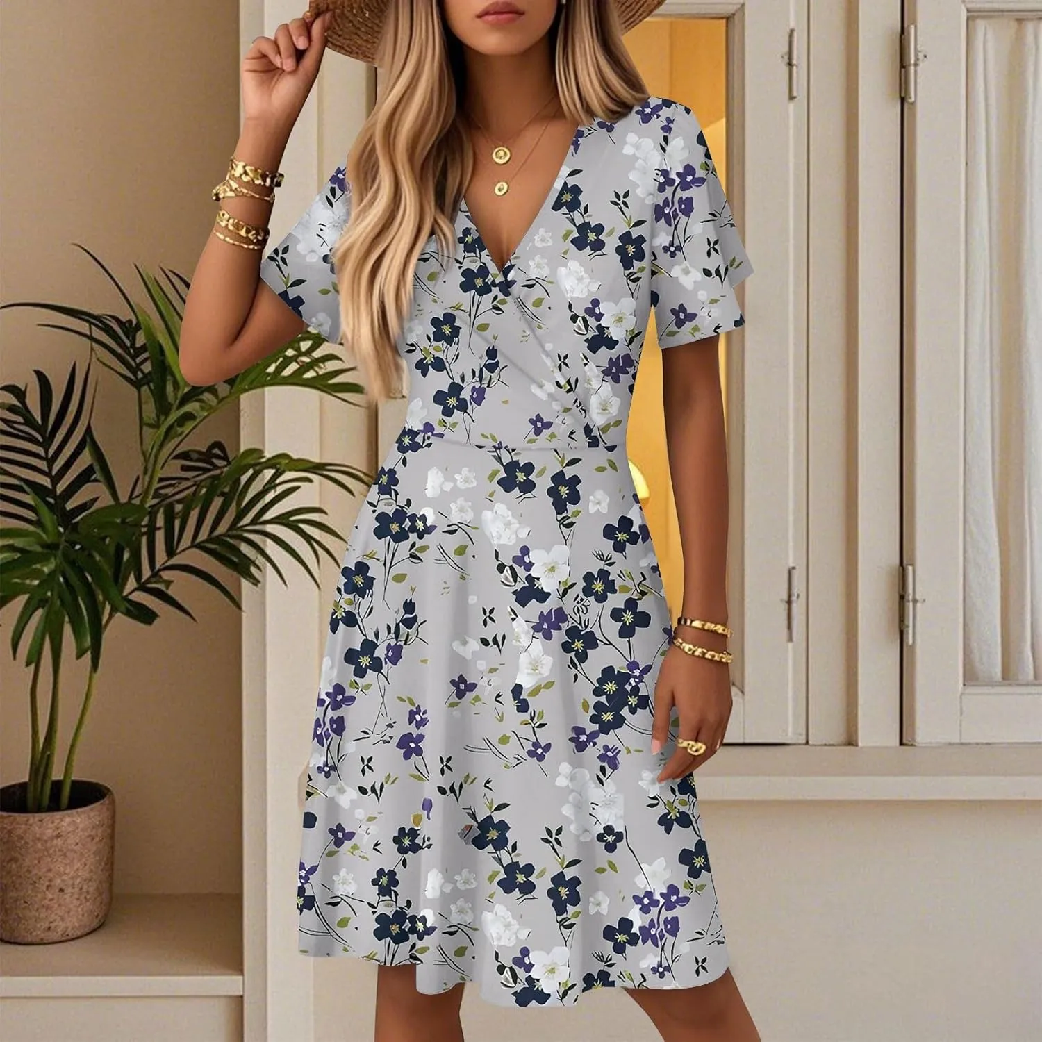 Sundresses for Women 2025 Short Sleeve Cross Wrap V Neck A-Line Midi Dresses Summer Casual Sexy Floral Boho Dress