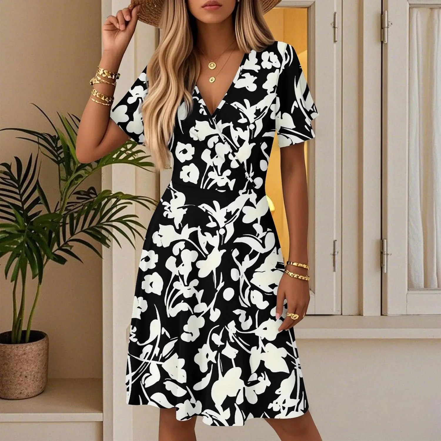 Sundresses for Women 2025 Short Sleeve Cross Wrap V Neck A-Line Midi Dresses Summer Casual Sexy Floral Boho Dress