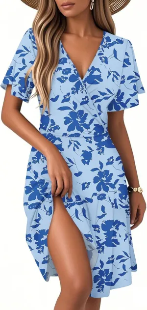 Sundresses for Women 2025 Short Sleeve Cross Wrap V Neck A-Line Midi Dresses Summer Casual Sexy Floral Boho Dress