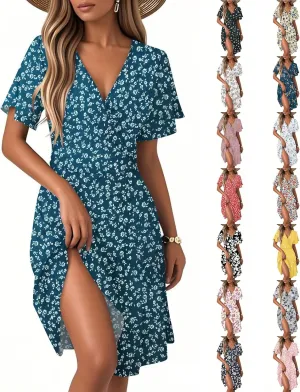 Sundresses for Women 2025 Short Sleeve Cross Wrap V Neck A-Line Midi Dresses Summer Casual Sexy Floral Boho Dress