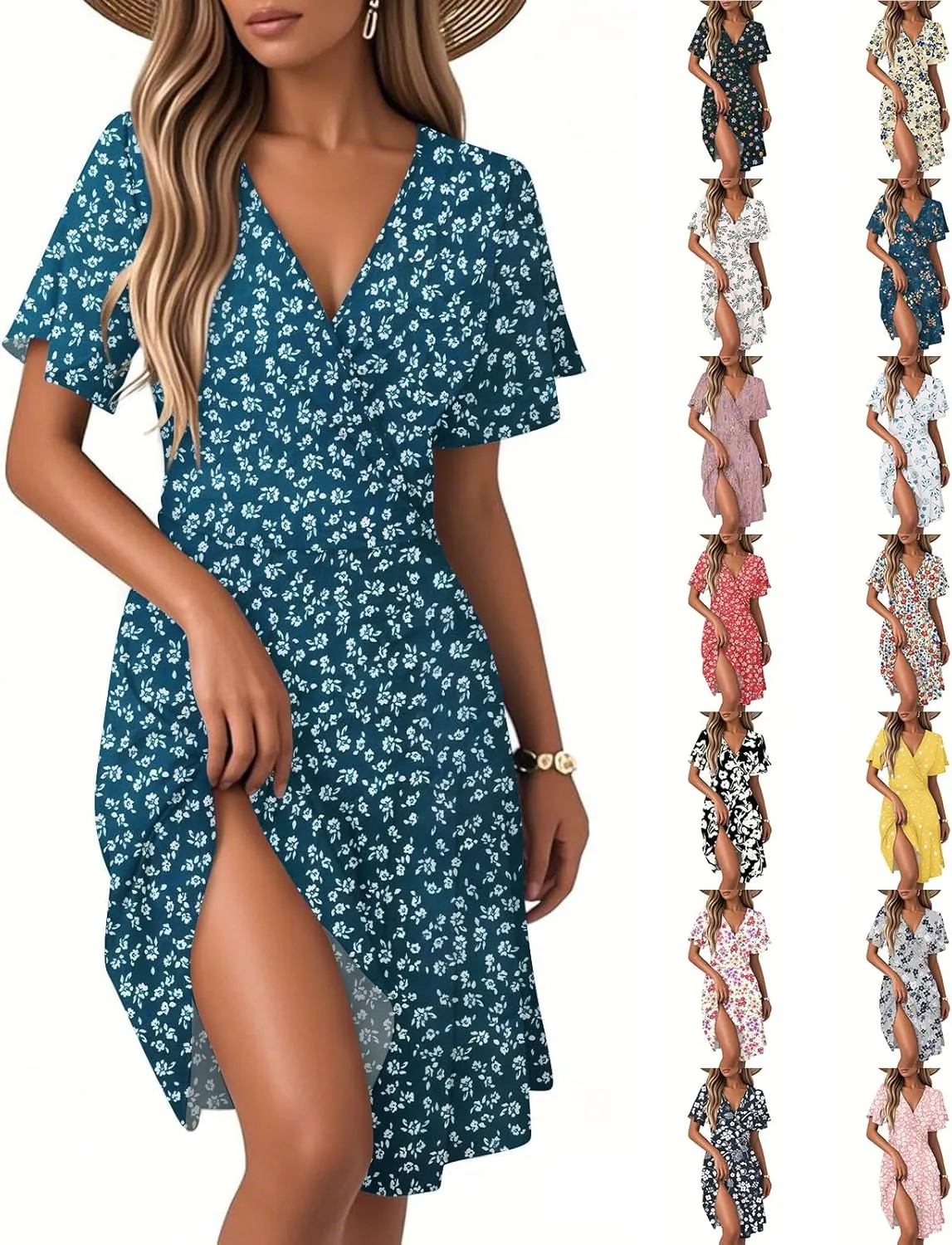 Sundresses for Women 2025 Short Sleeve Cross Wrap V Neck A-Line Midi Dresses Summer Casual Sexy Floral Boho Dress