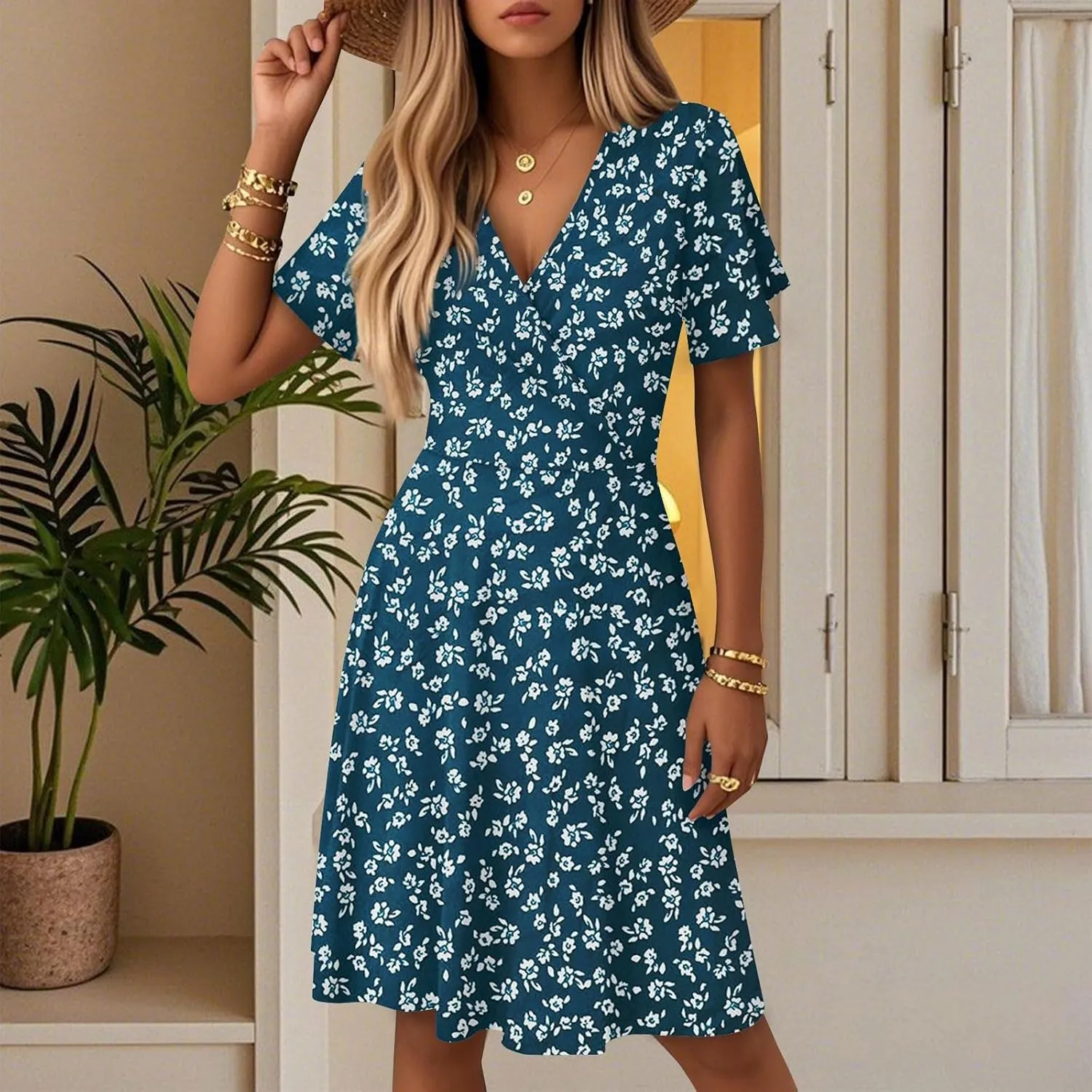 Sundresses for Women 2025 Short Sleeve Cross Wrap V Neck A-Line Midi Dresses Summer Casual Sexy Floral Boho Dress