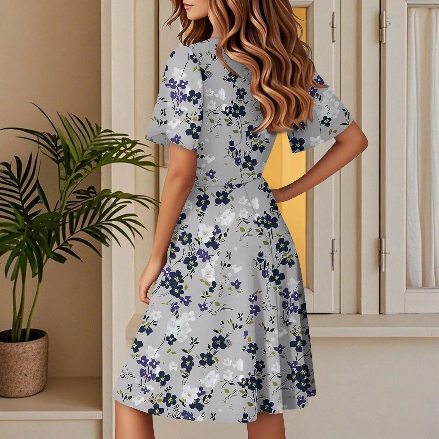 Sundresses for Women 2025 Short Sleeve Cross Wrap V Neck A-Line Midi Dresses Summer Casual Sexy Floral Boho Dress