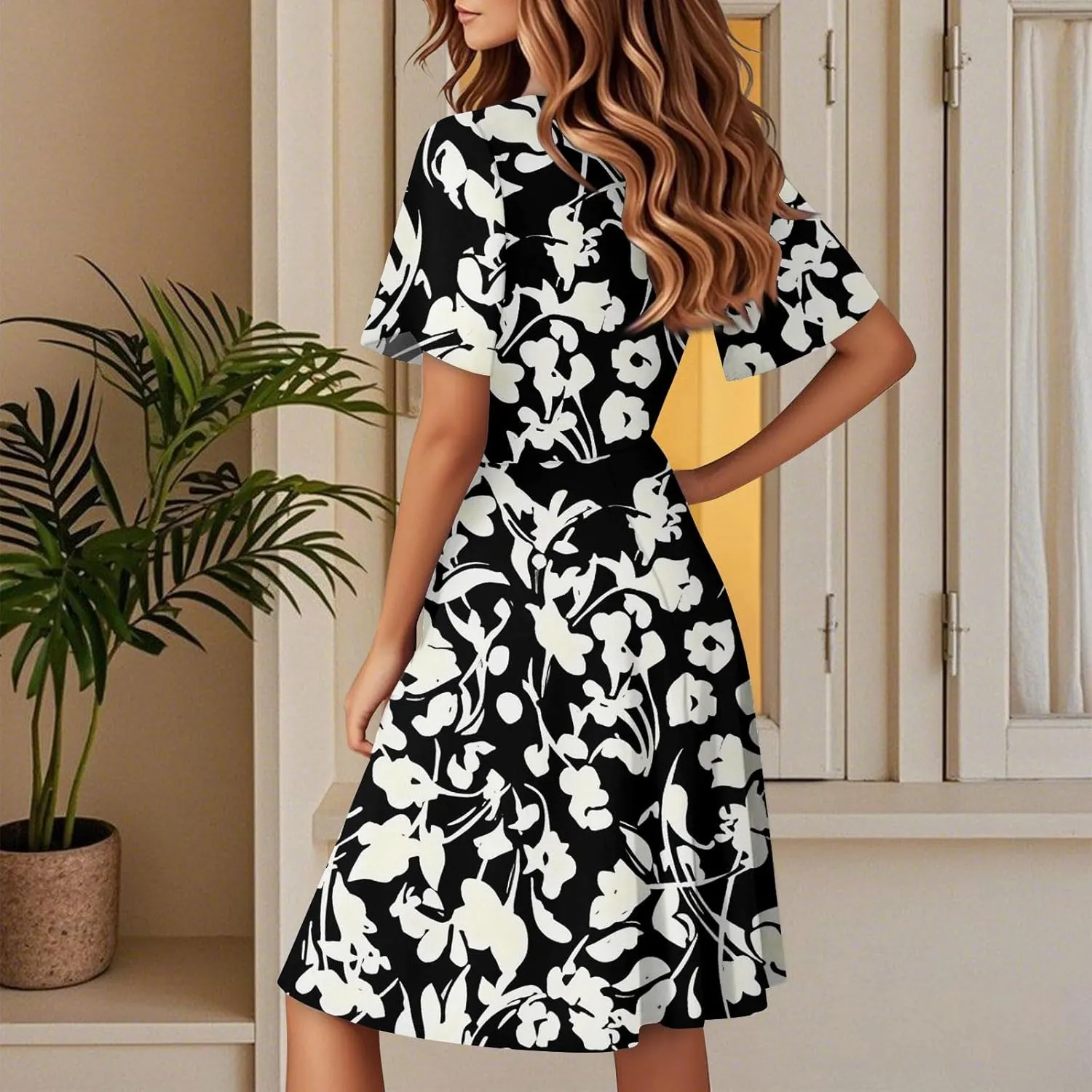 Sundresses for Women 2025 Short Sleeve Cross Wrap V Neck A-Line Midi Dresses Summer Casual Sexy Floral Boho Dress
