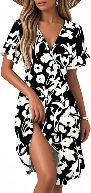 Sundresses for Women 2025 Short Sleeve Cross Wrap V Neck A-Line Midi Dresses Summer Casual Sexy Floral Boho Dress
