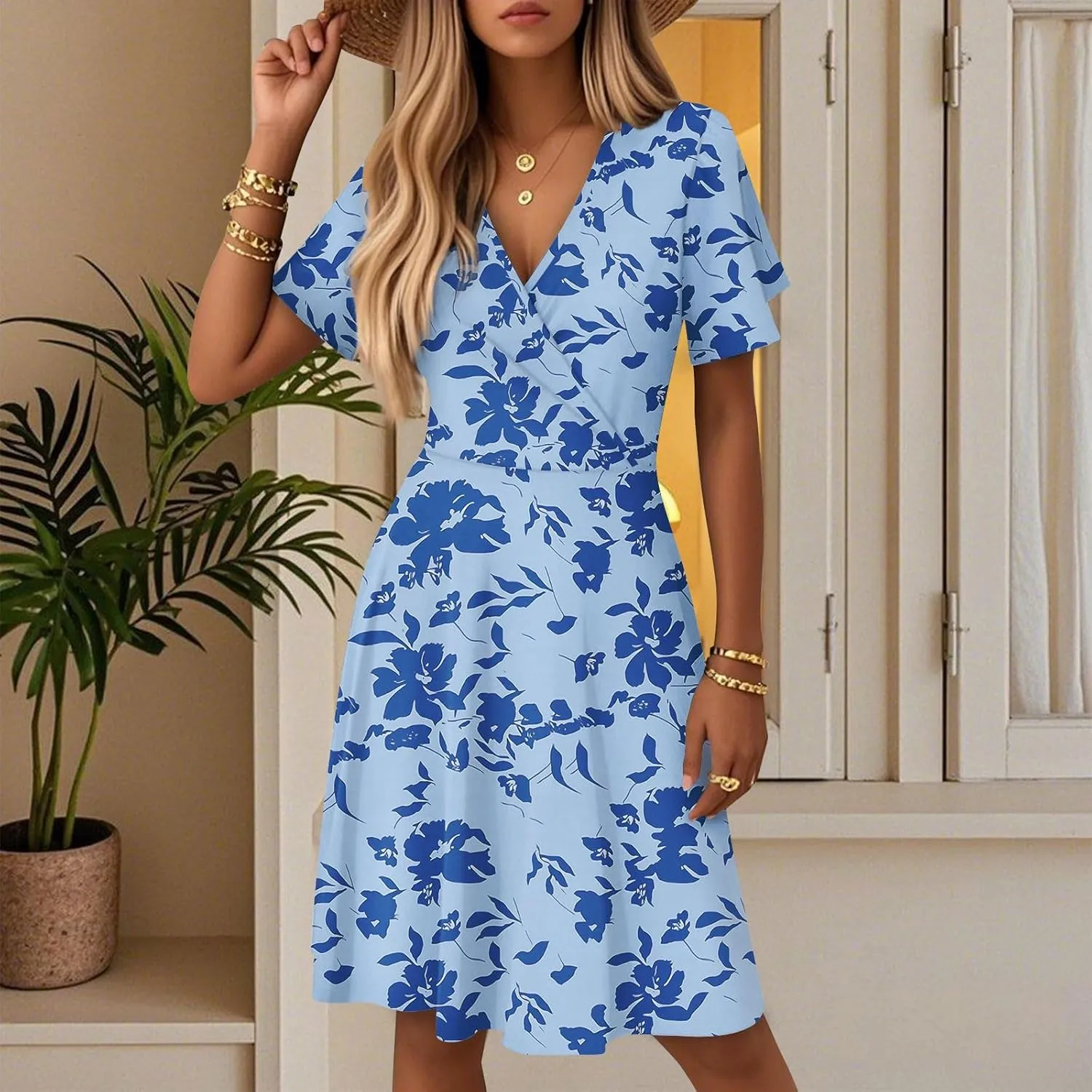 Sundresses for Women 2025 Short Sleeve Cross Wrap V Neck A-Line Midi Dresses Summer Casual Sexy Floral Boho Dress