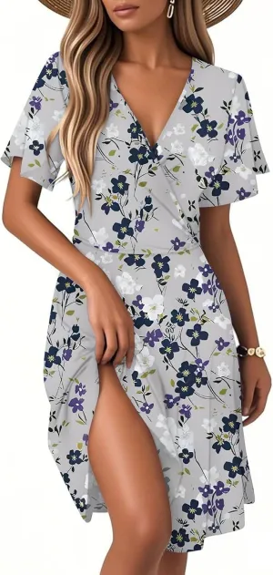 Sundresses for Women 2025 Short Sleeve Cross Wrap V Neck A-Line Midi Dresses Summer Casual Sexy Floral Boho Dress