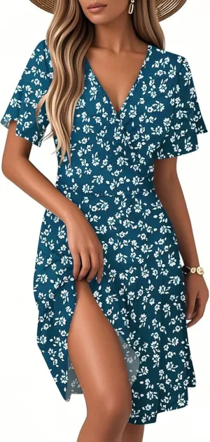 Sundresses for Women 2025 Short Sleeve Cross Wrap V Neck A-Line Midi Dresses Summer Casual Sexy Floral Boho Dress