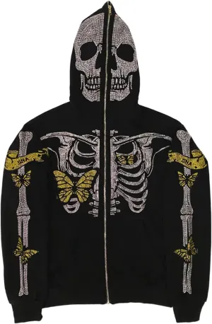 Sunwittafy Y2k Full Zip Up Hoodie Women Men Skeleton Skull Oversized Sweatshirt Aesthetic Graphic Jacket Vintage Streetwear