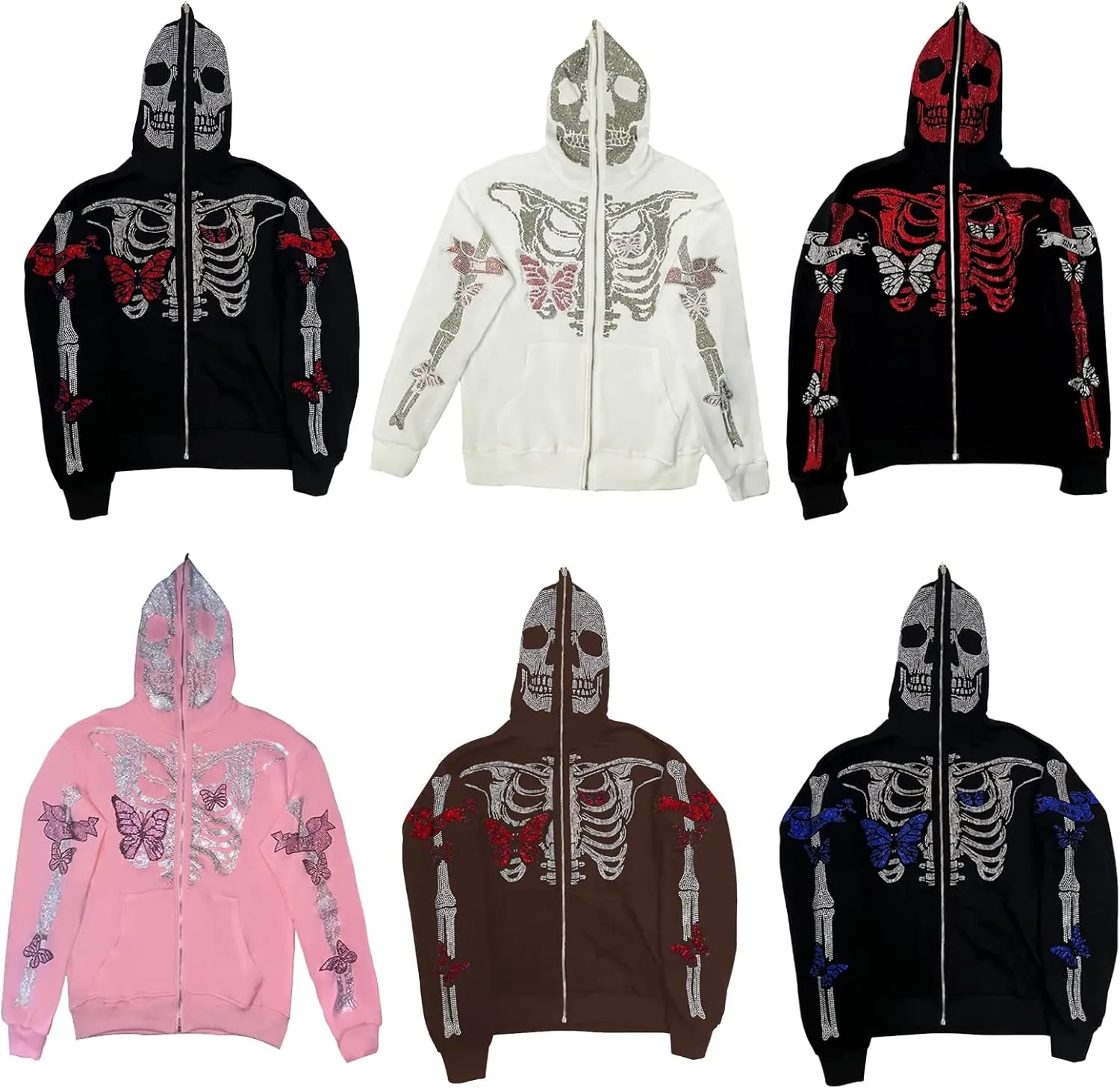 Sunwittafy Y2k Full Zip Up Hoodie Women Men Skeleton Skull Oversized Sweatshirt Aesthetic Graphic Jacket Vintage Streetwear
