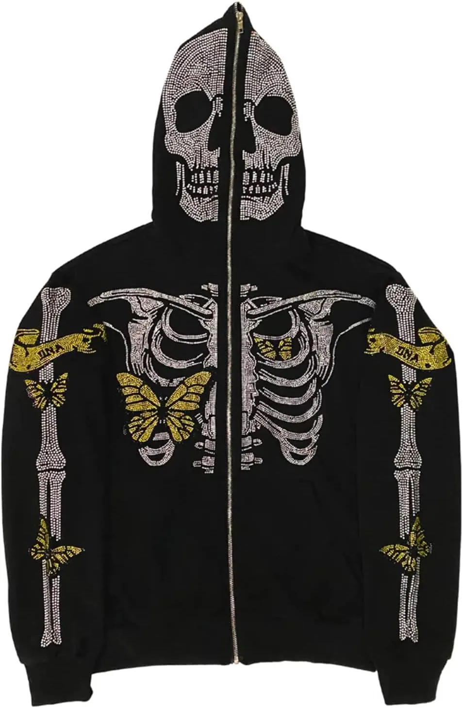 Sunwittafy Y2k Full Zip Up Hoodie Women Men Skeleton Skull Oversized Sweatshirt Aesthetic Graphic Jacket Vintage Streetwear
