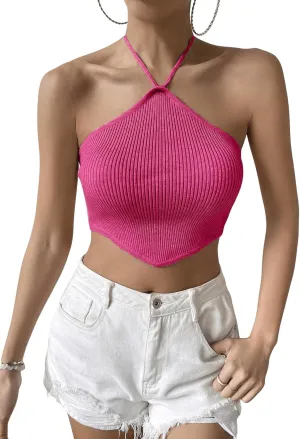 SweatyRocks Women's Sleeveless Tie Back Asymmetrical Hem Knitted Halter Cami Crop Top