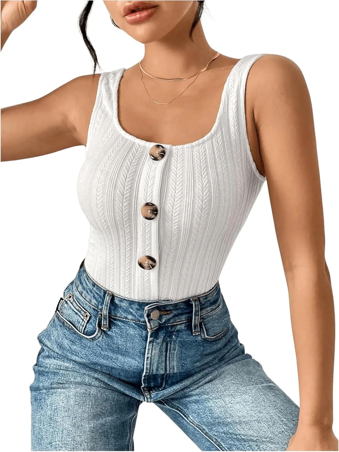 SweatyRocks Women's Sleeveless Vest Button Front Crop Tank Top Ribbed Knit Belly Shirt