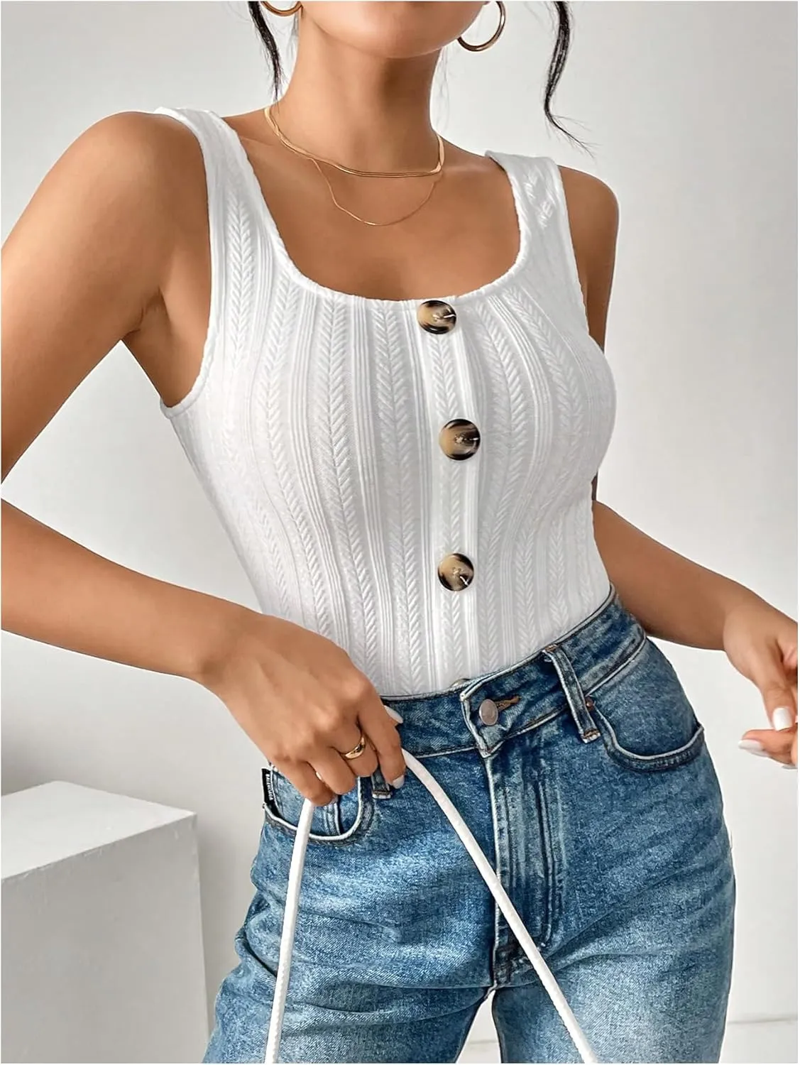 SweatyRocks Women's Sleeveless Vest Button Front Crop Tank Top Ribbed Knit Belly Shirt