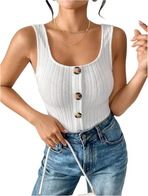 SweatyRocks Women's Sleeveless Vest Button Front Crop Tank Top Ribbed Knit Belly Shirt