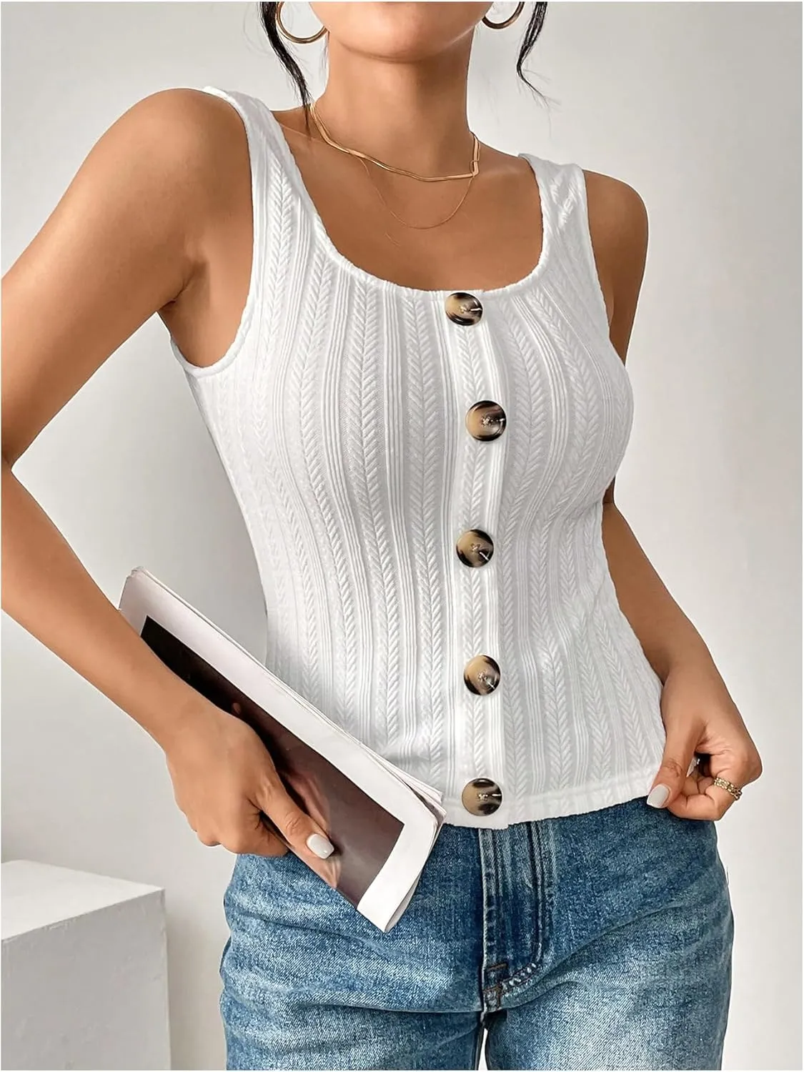 SweatyRocks Women's Sleeveless Vest Button Front Crop Tank Top Ribbed Knit Belly Shirt