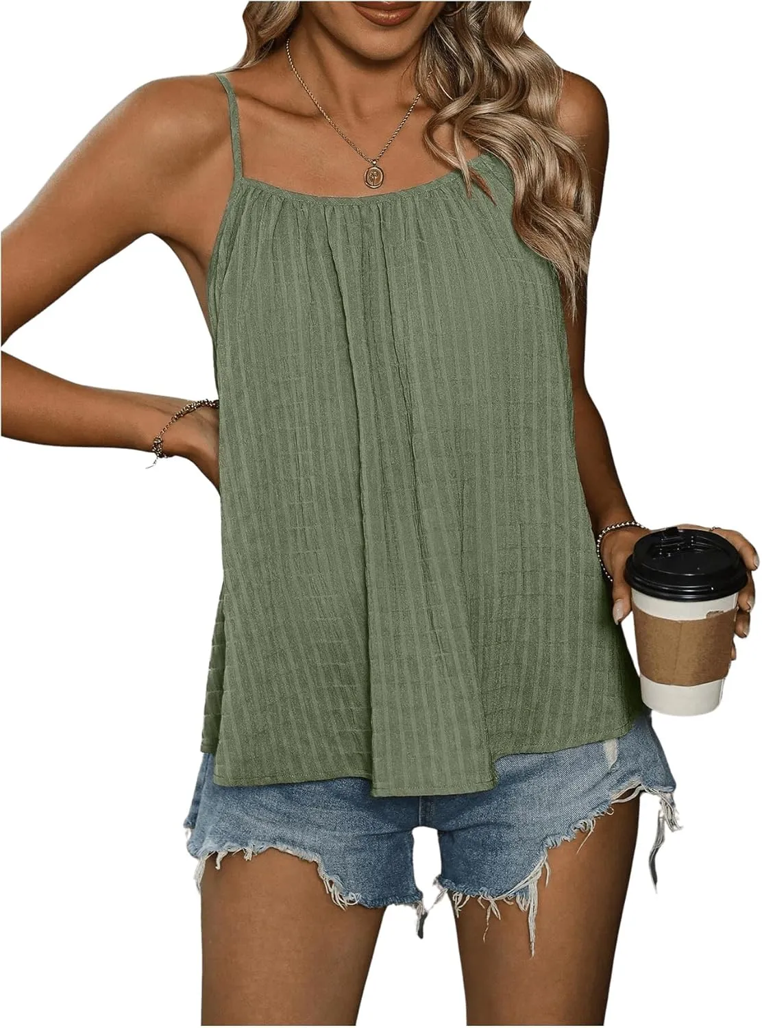 SweatyRocks Women's Summer Tank Top Spaghetti Strap Pleated Camisole Sleeveless Loose Cami Tops