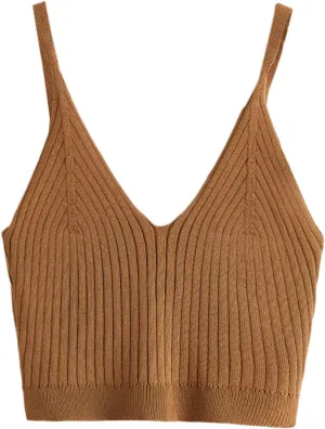 SweatyRocks Women's V Neck Crop Cami Top Ribbed Knit Spaghetti Strap Sleeveless Vest