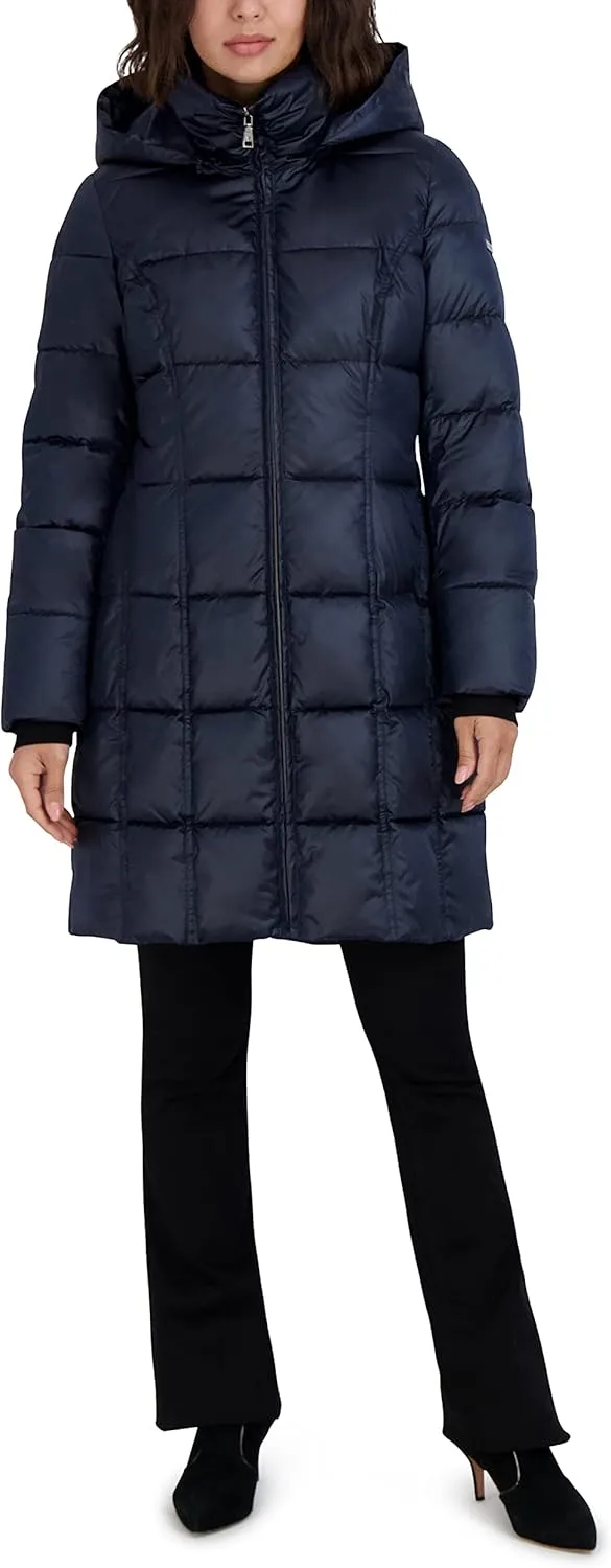 TAHARI Women's Maxi Midweight Puffer Jacket Zipper Front Detachable Hood Storm Cuff 36" Coat