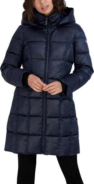 TAHARI Women's Maxi Midweight Puffer Jacket Zipper Front Detachable Hood Storm Cuff 36" Coat
