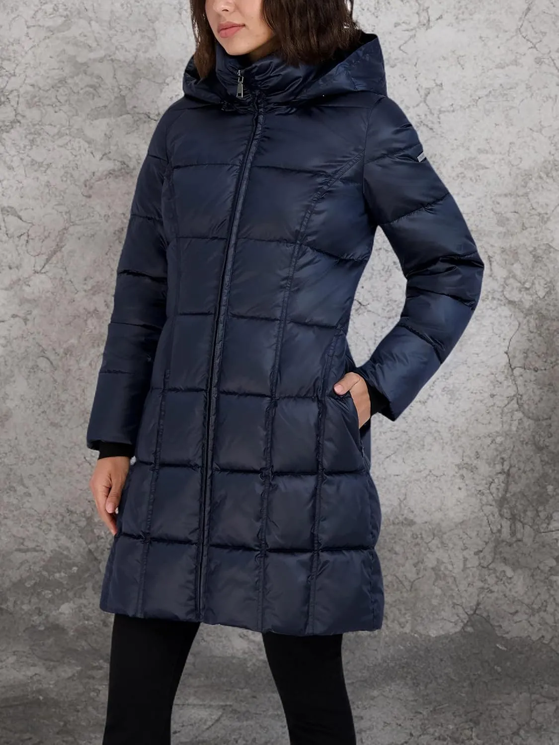 TAHARI Women's Maxi Midweight Puffer Jacket Zipper Front Detachable Hood Storm Cuff 36" Coat
