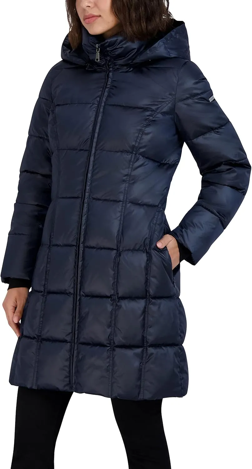 TAHARI Women's Maxi Midweight Puffer Jacket Zipper Front Detachable Hood Storm Cuff 36" Coat