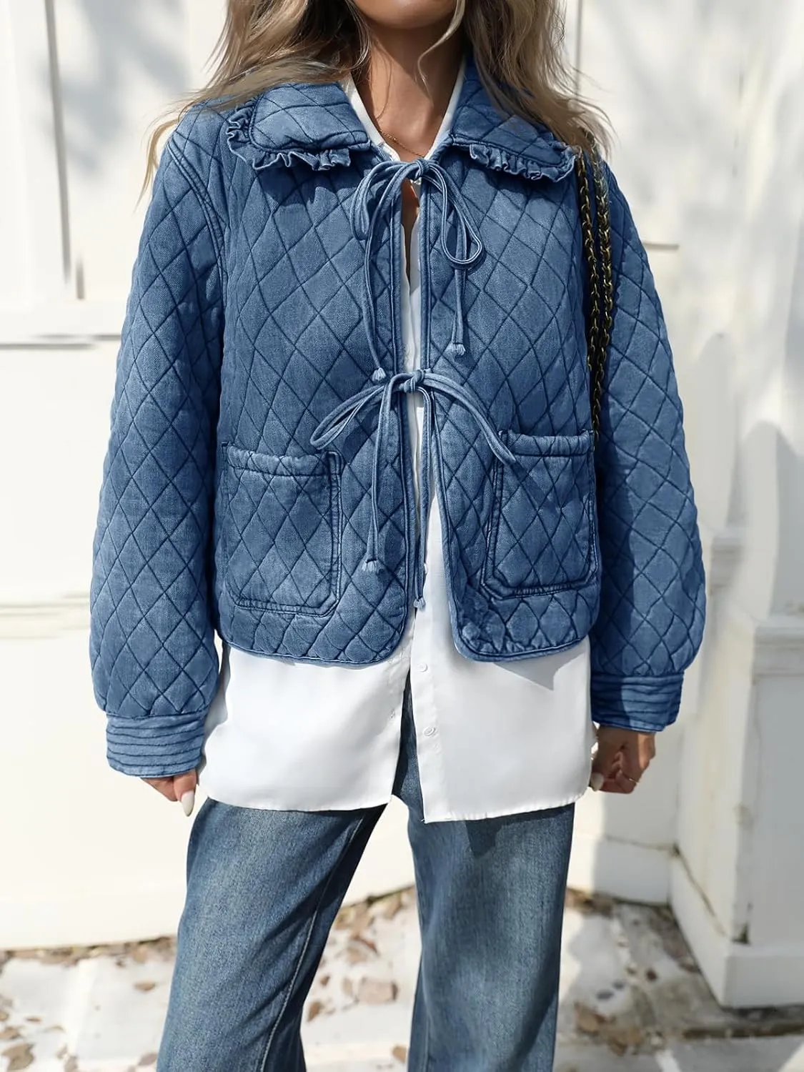 Tankaneo Womens Quilted Denim Puffer Jackets Tie Front Bow Cropped Puffy Jackets Fall Cute Short Jeans Coat