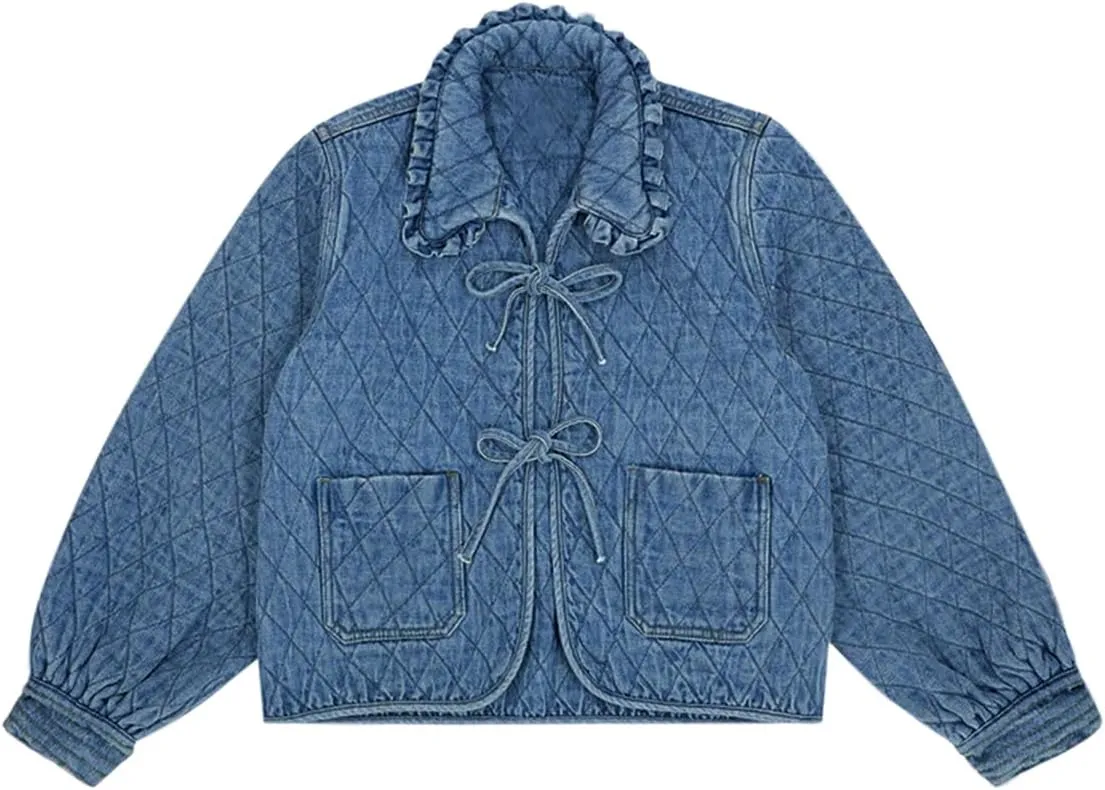 Tankaneo Womens Quilted Denim Puffer Jackets Tie Front Bow Cropped Puffy Jackets Fall Cute Short Jeans Coat