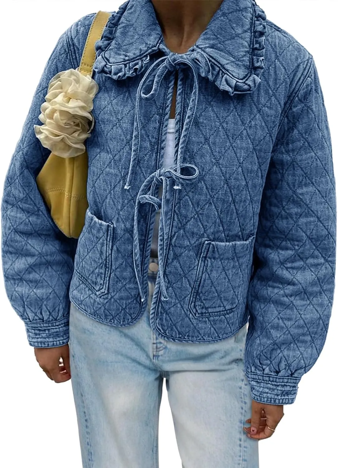 Tankaneo Womens Quilted Denim Puffer Jackets Tie Front Bow Cropped Puffy Jackets Fall Cute Short Jeans Coat