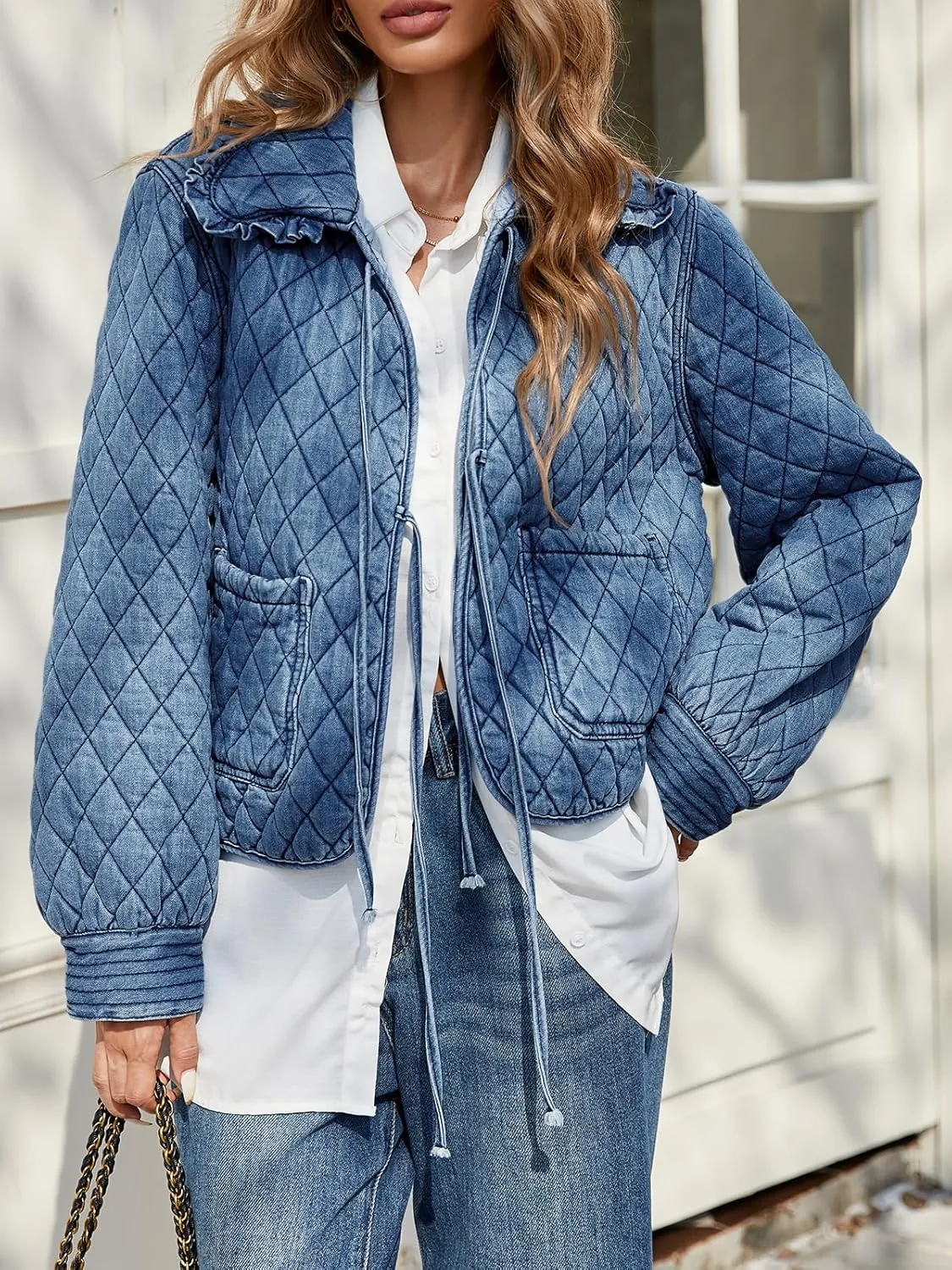 Tankaneo Womens Quilted Denim Puffer Jackets Tie Front Bow Cropped Puffy Jackets Fall Cute Short Jeans Coat