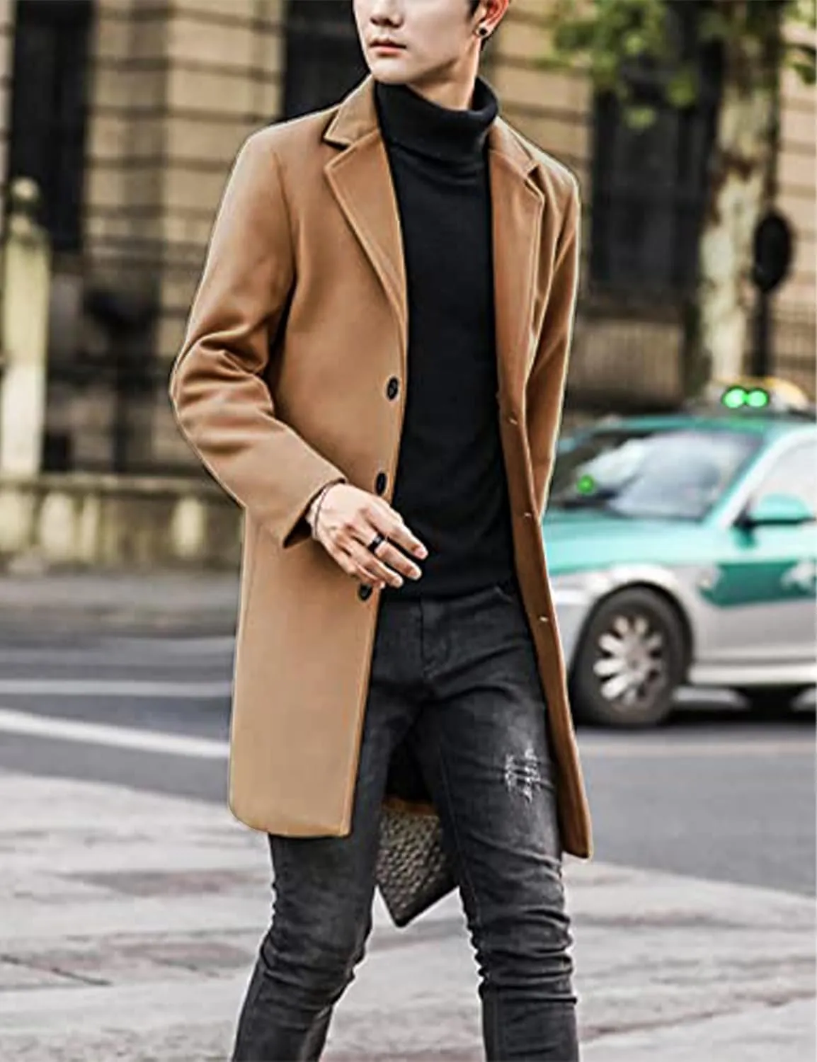 Tanming Mens Black Trench Coat Notched Lapel Single Breasted Long Peacoat Overcoat