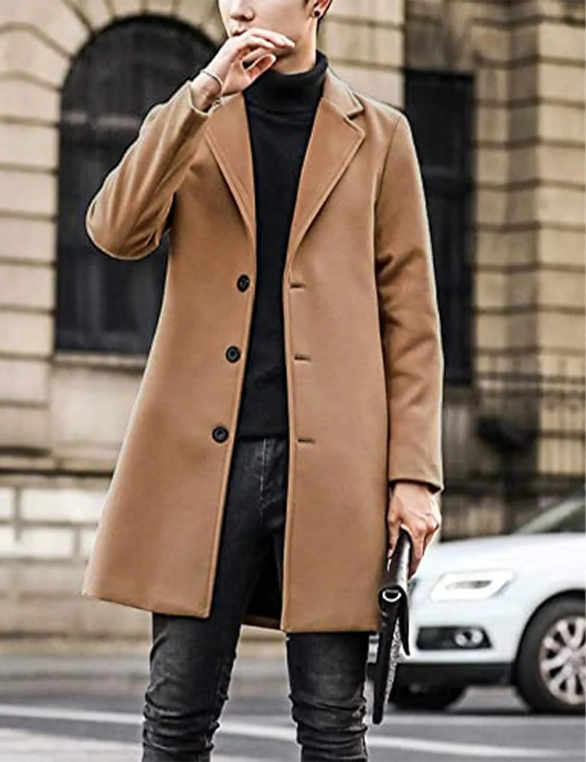 Tanming Mens Black Trench Coat Notched Lapel Single Breasted Long Peacoat Overcoat