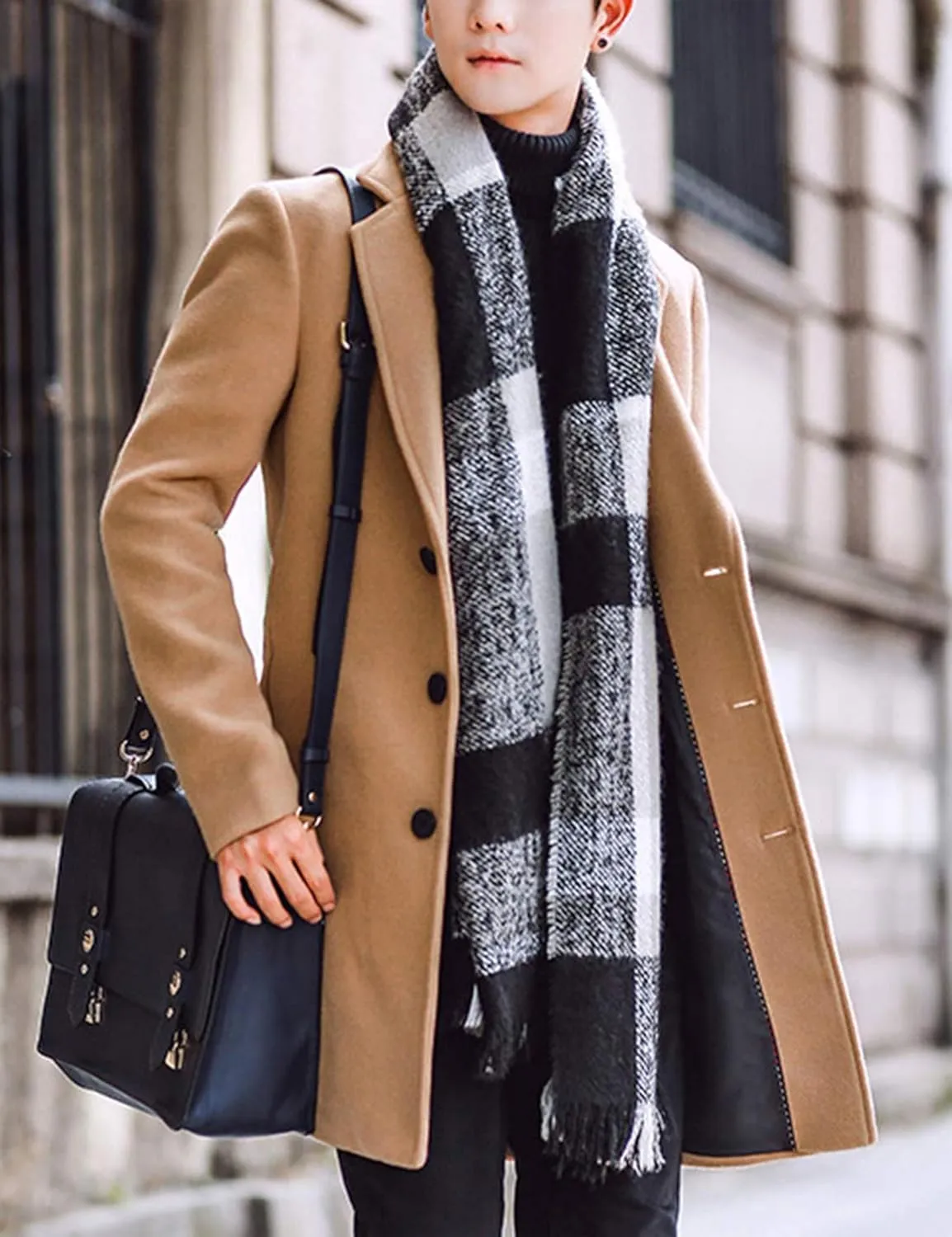 Tanming Mens Black Trench Coat Notched Lapel Single Breasted Long Peacoat Overcoat